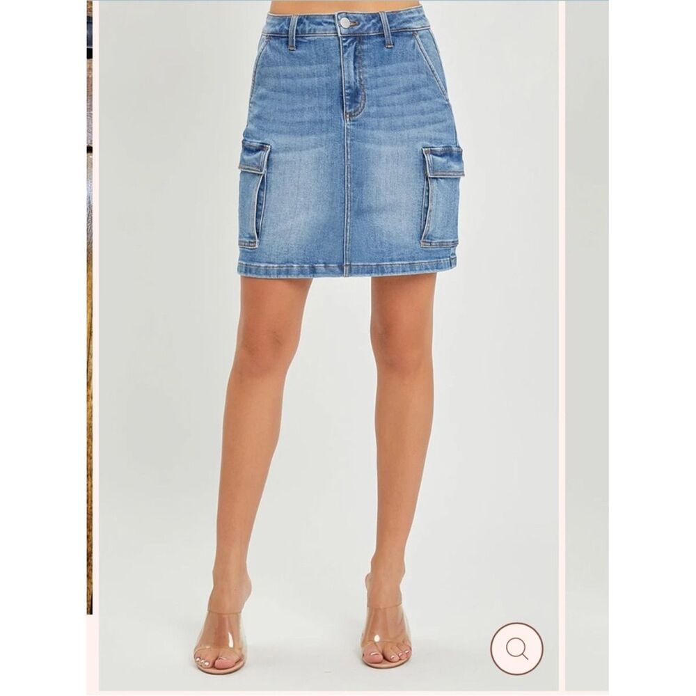 Risen High-Rise Mini Cargo Denim Skirt - Light Blue